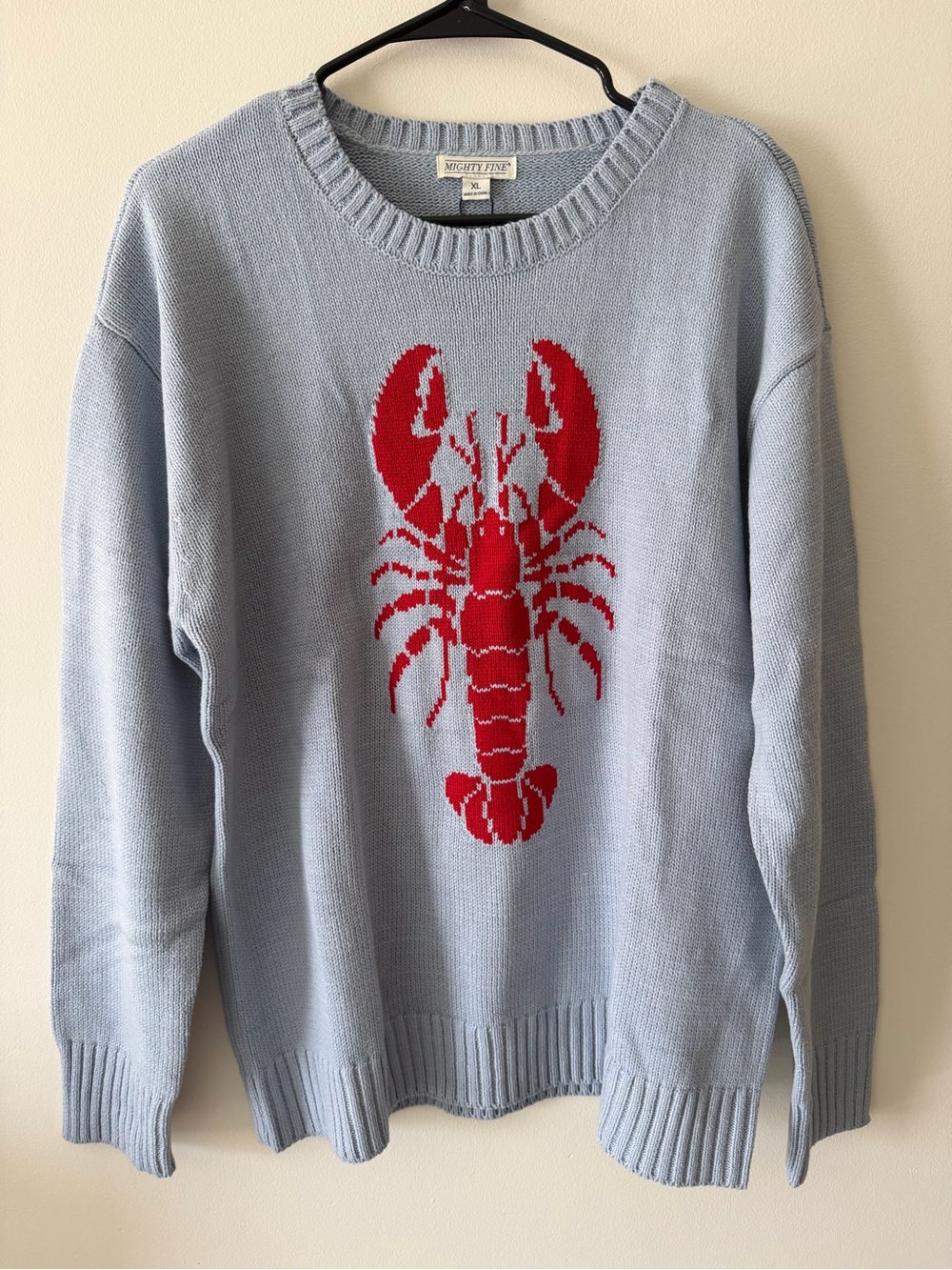 Mighty Fine Light Blue Crewneck Sweater with Red Lobster
